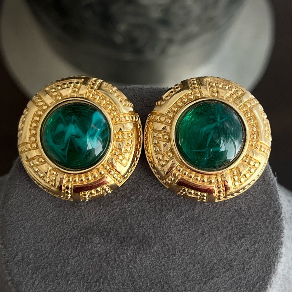 Vintage Christian Dior Green Swirly Glass Cabochon Gold Round Clip-On Earrings